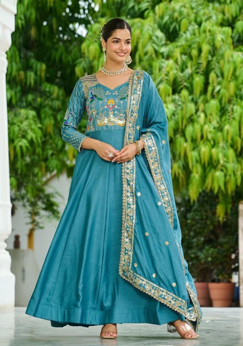 Teal Blue Sequin Work Silk Gown With Dupatta - Indya