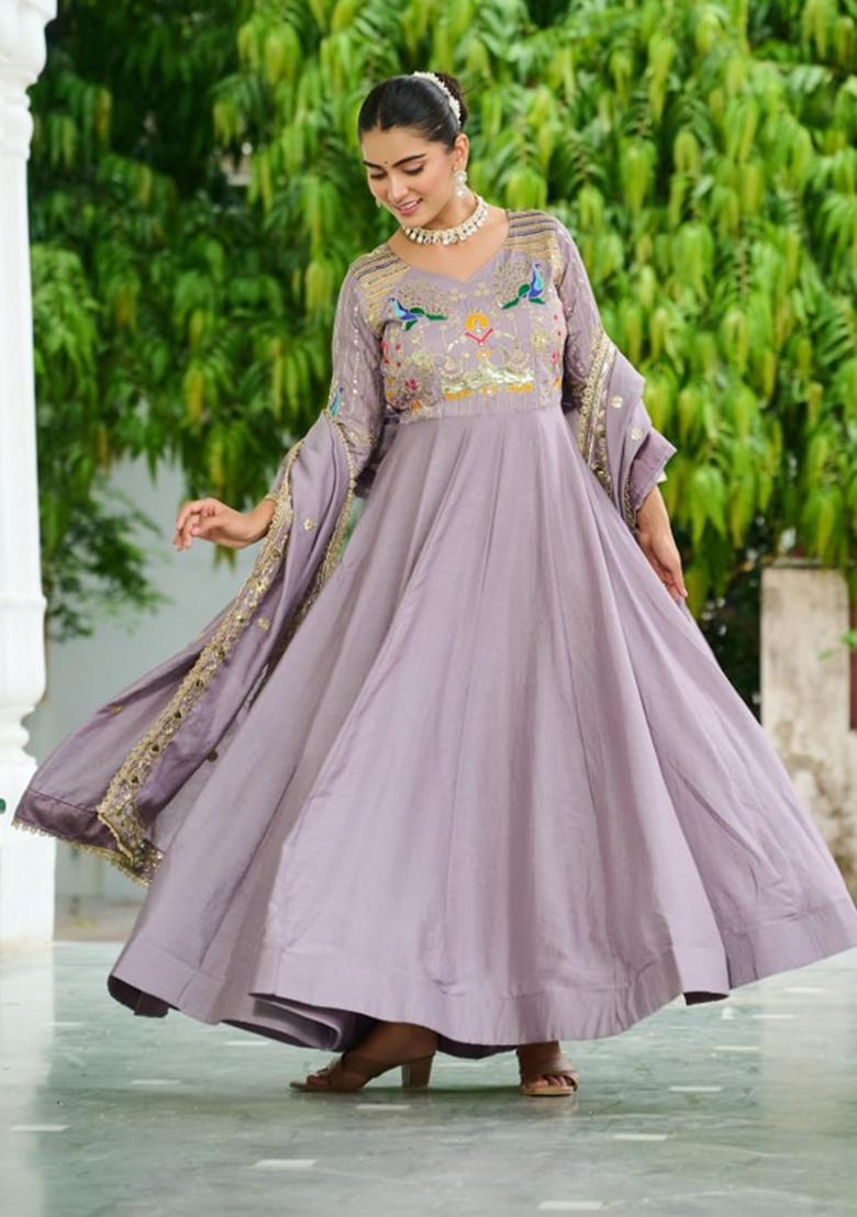 Lavender Sequin Work Silk Gown With Dupatta - Indya