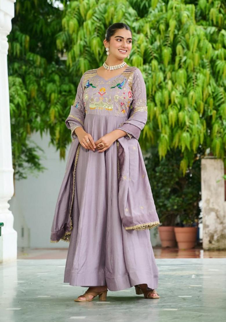 Lavender Sequin Work Silk Gown With Dupatta - Indya