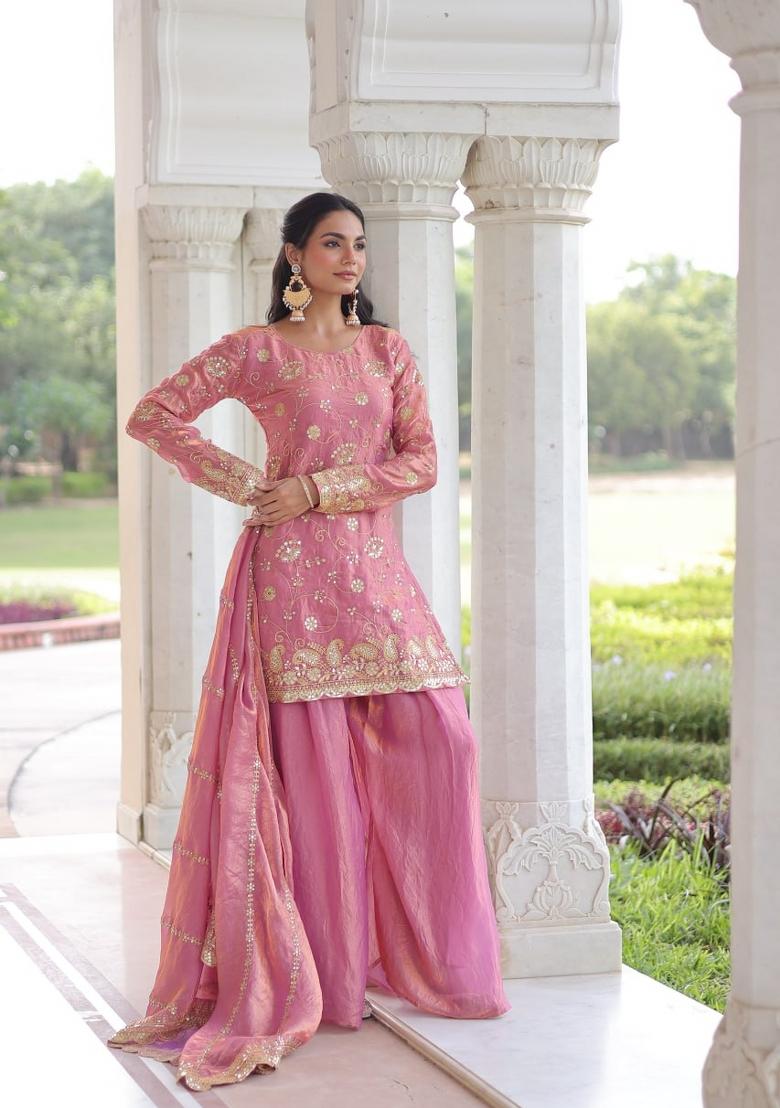 Pink Sequin Work Silk Kurta Set - Indya