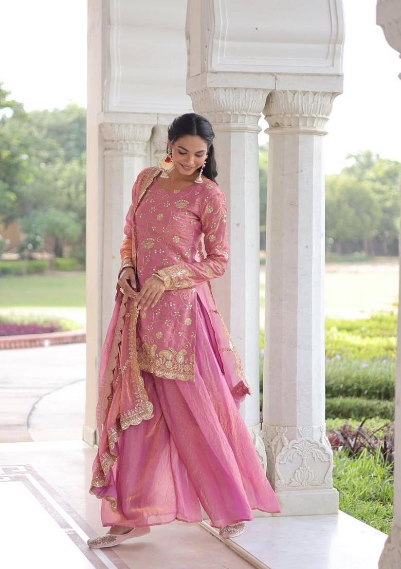 Pink Sequin Work Silk Kurta Set - Indya
