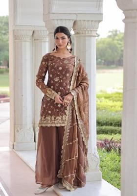 Coffee Sequin Work Silk Kurta Set