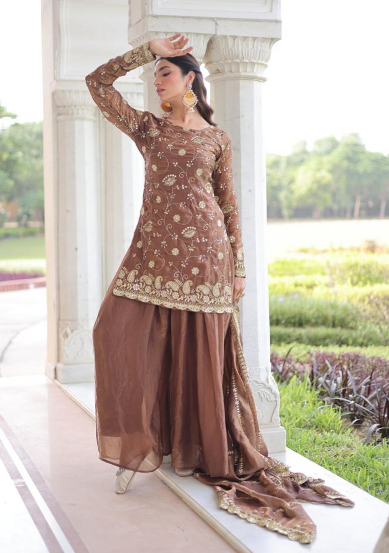 Coffee Sequin Work Silk Kurta Set - Indya