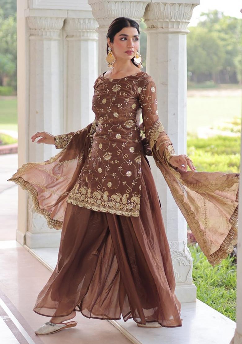 Coffee Sequin Work Silk Kurta Set - Indya