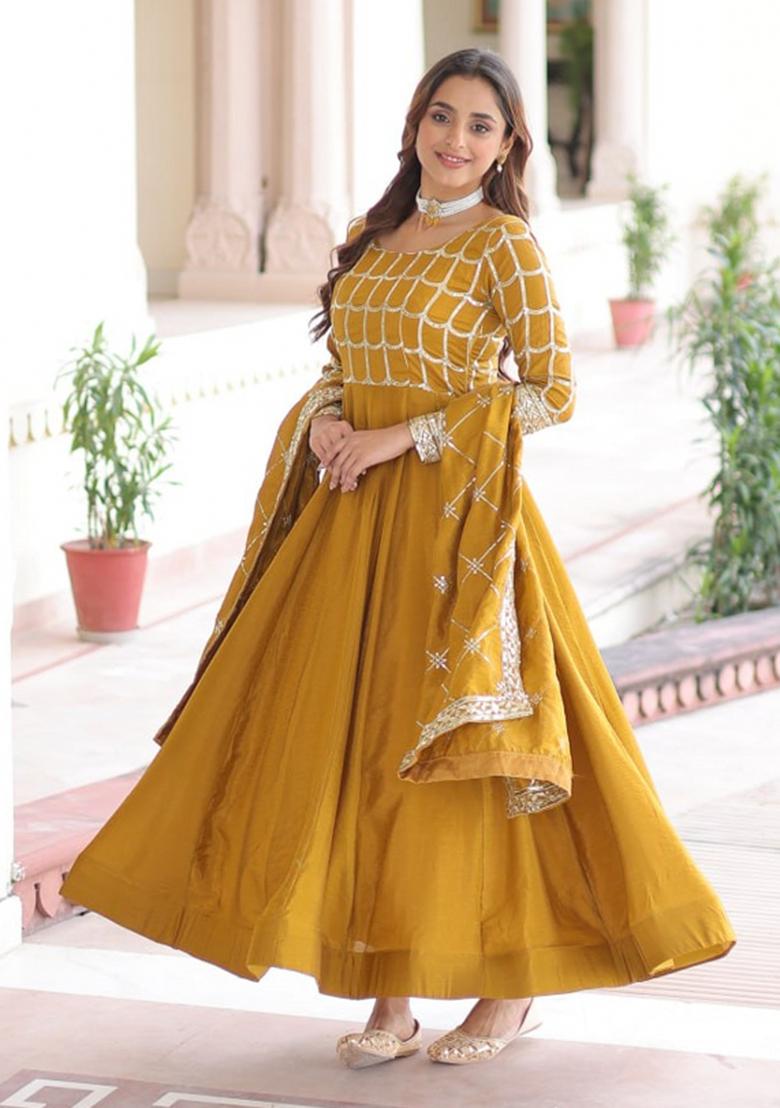 Mustard Sequin Work Silk Gown With Dupatta - Indya