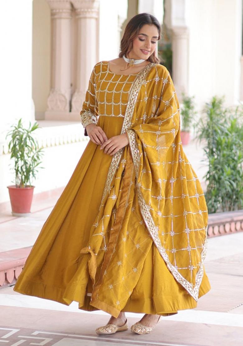 Mustard Sequin Work Silk Gown With Dupatta - Indya