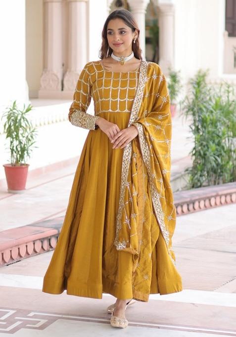 Mustard Sequin Work Silk Gown With Dupatta