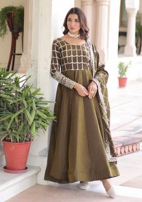 Mehendi Sequin Work Silk Gown With Dupatta