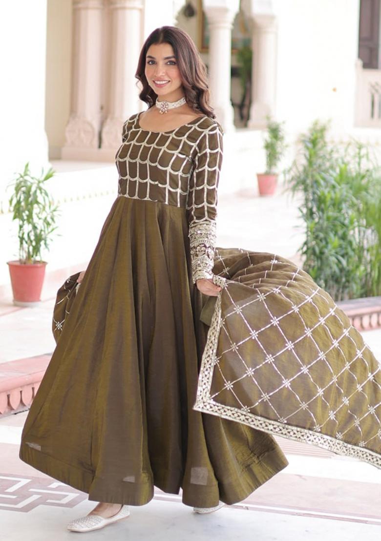 Mehendi Sequin Work Silk Gown With Dupatta - Indya