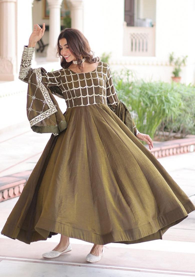 Mehendi Sequin Work Silk Gown With Dupatta - Indya