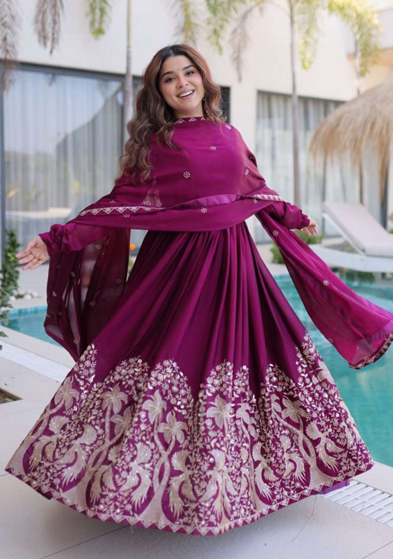 Wine Sequin Work Silk Gown With Dupatta - Indya
