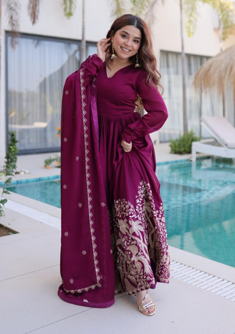 Wine Sequin Work Silk Gown With Dupatta - Indya