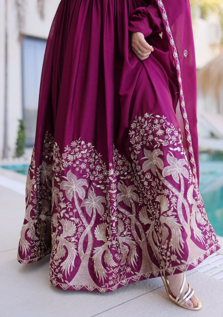Wine Sequin Work Silk Gown With Dupatta - Indya