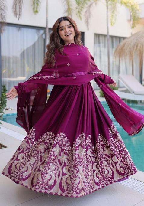 Wine Sequin Work Silk Gown With Dupatta