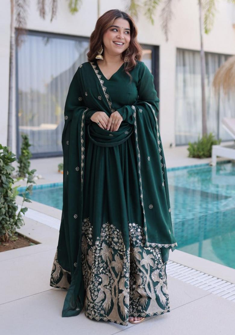 Green Sequin Work Silk Gown With Dupatta - Indya