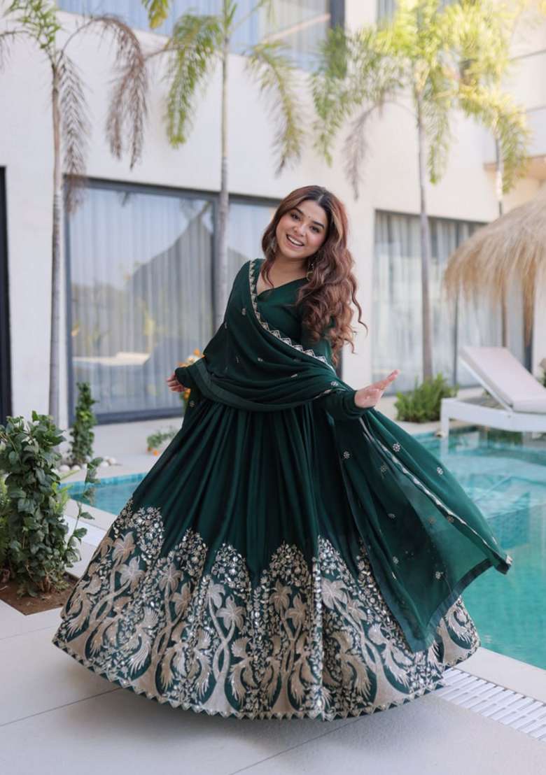 Green Sequin Work Silk Gown With Dupatta - Indya