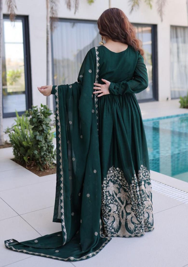 Green Sequin Work Silk Gown With Dupatta - Indya