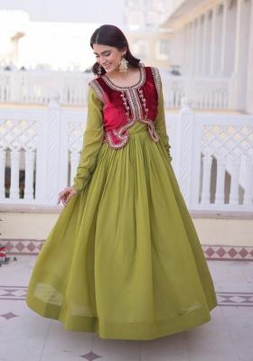 Mehendi Sequin Work Silk Gown With Koti