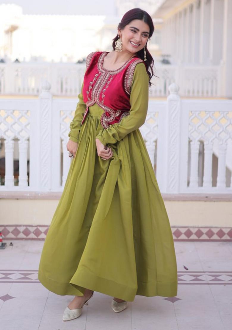 Mehendi Sequin Work Silk Gown With Koti - Indya