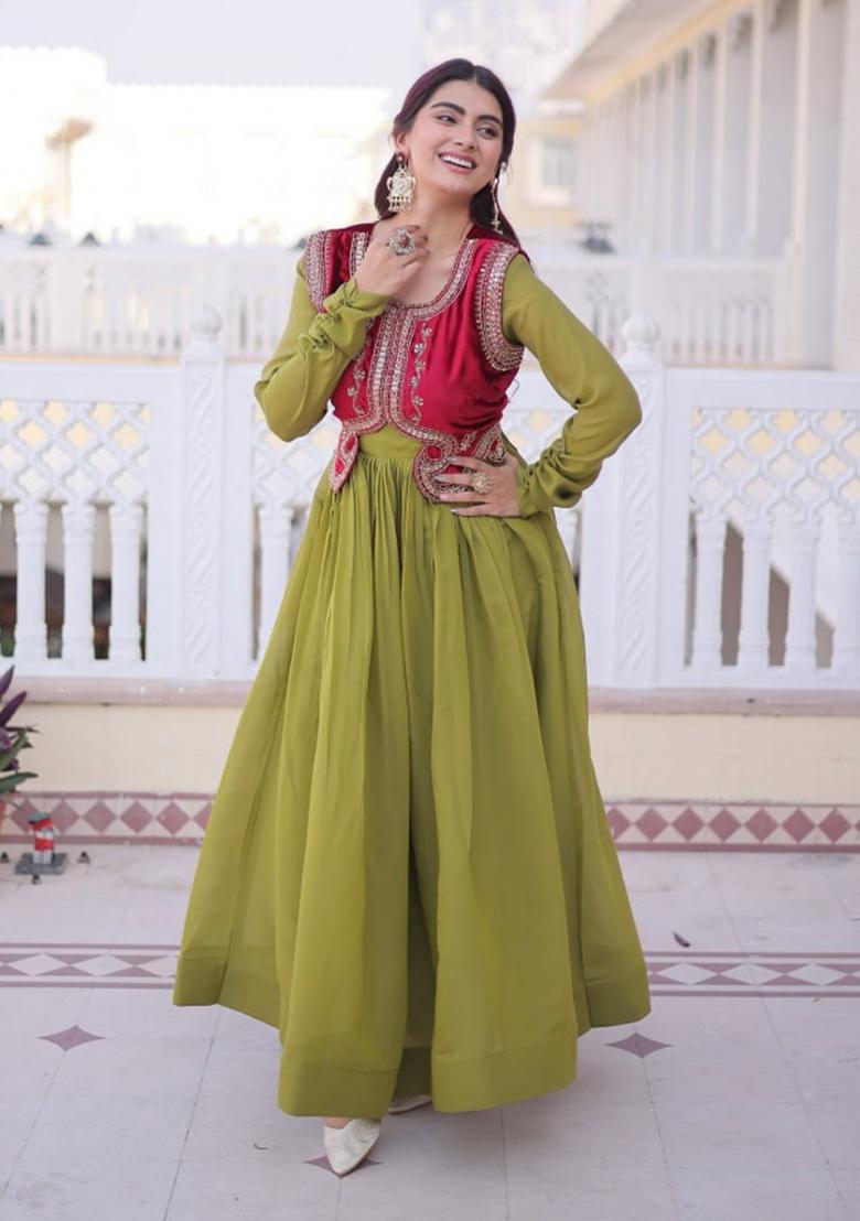 Mehendi Sequin Work Silk Gown With Koti - Indya