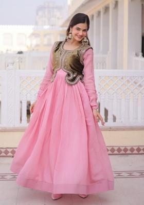 Pink Sequin Work Silk Gown With Koti