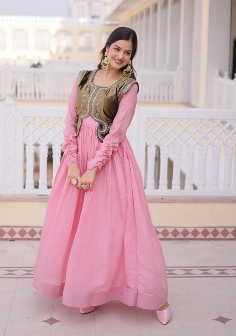 Pink Sequin Work Silk Gown With Koti - Indya