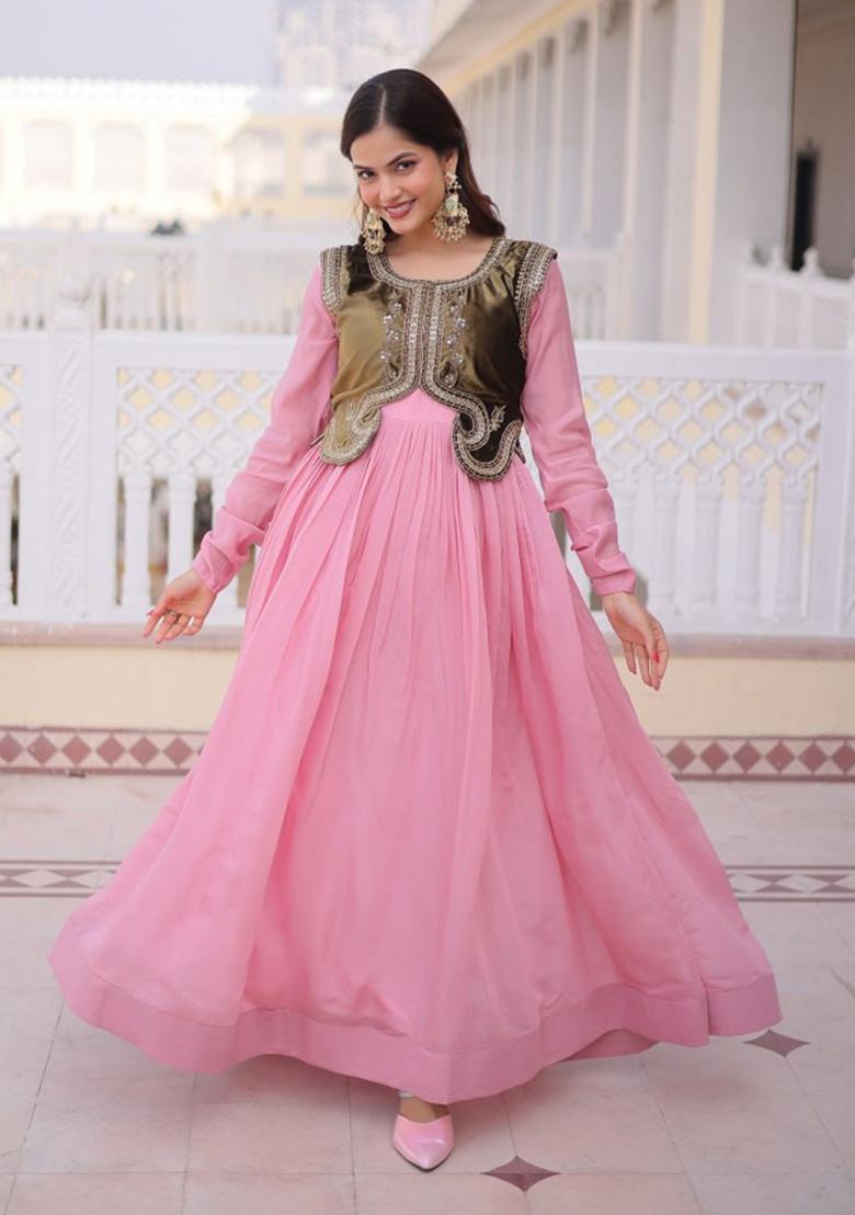 Pink Sequin Work Silk Gown With Koti - Indya