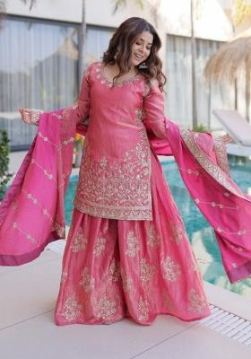 Peach Sequin Work Silk Kurta Set