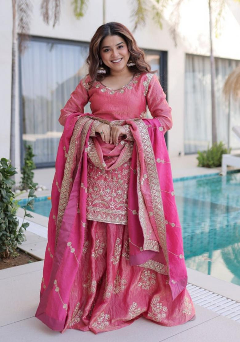 Peach Sequin Work Silk Kurta Set - Indya