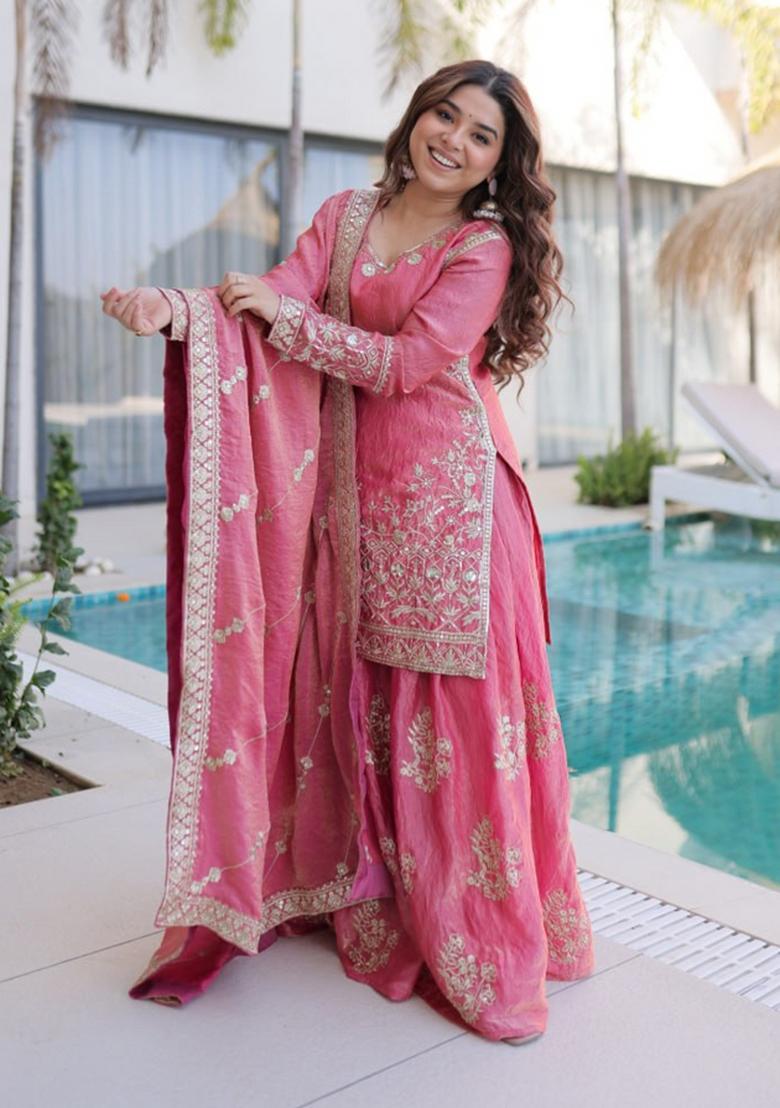 Peach Sequin Work Silk Kurta Set - Indya