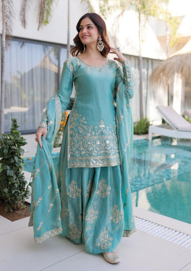 Sky Blue Sequin Work Silk Kurta Set - Indya