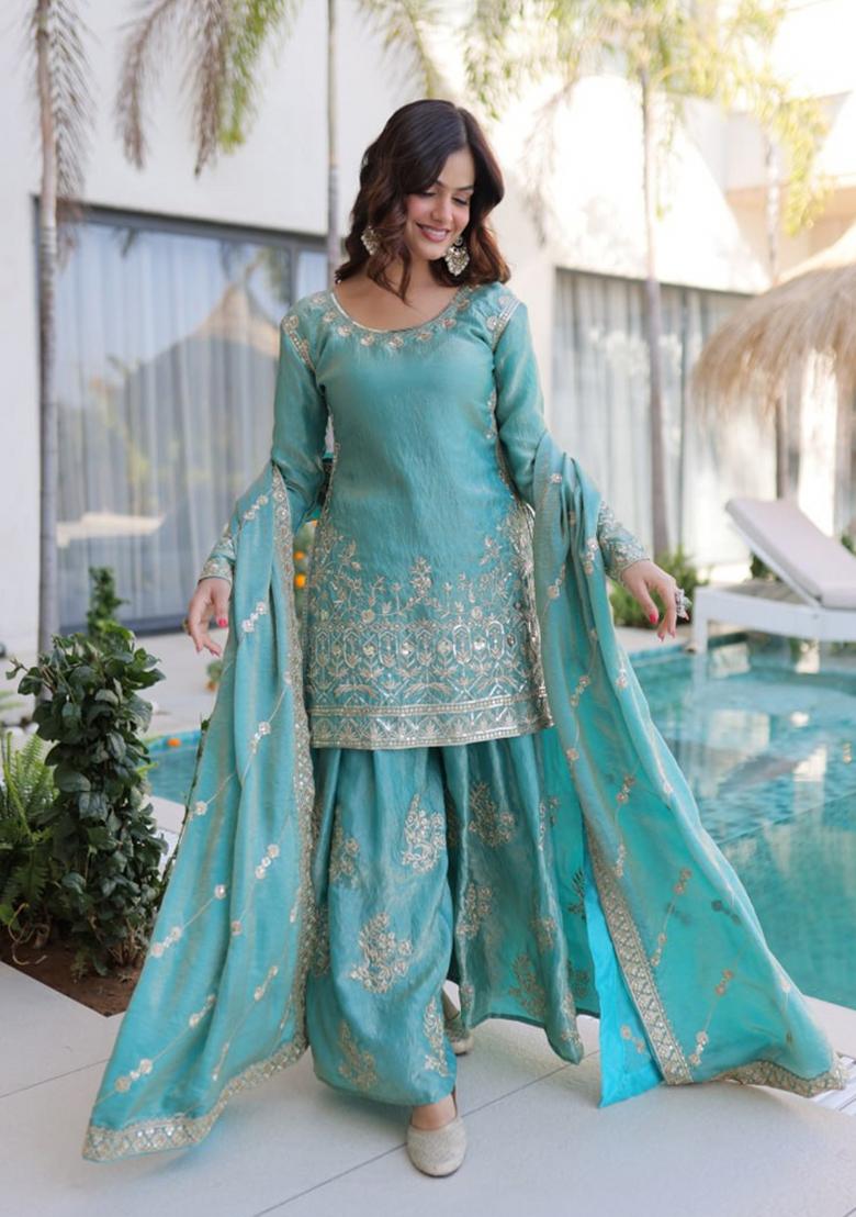 Sky Blue Sequin Work Silk Kurta Set - Indya