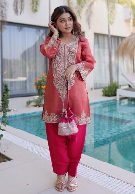Peach Sequin Work Viscose Kurta Set