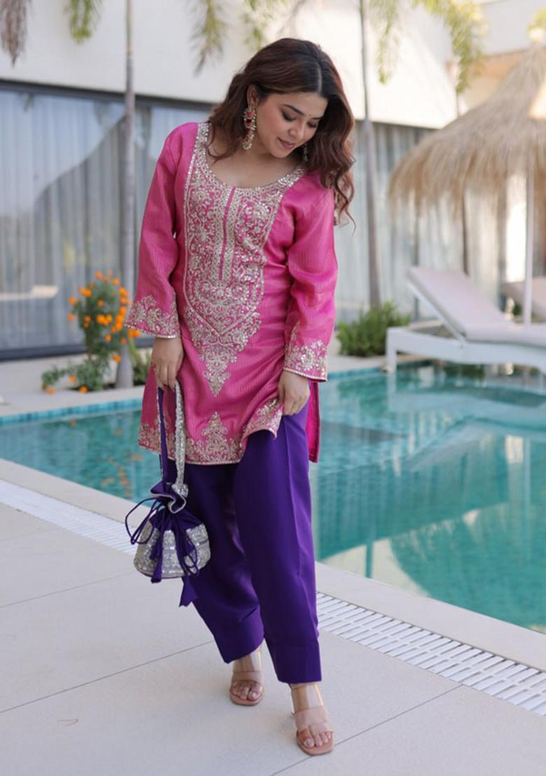 Pink Sequin Work Viscose Kurta Set - Indya