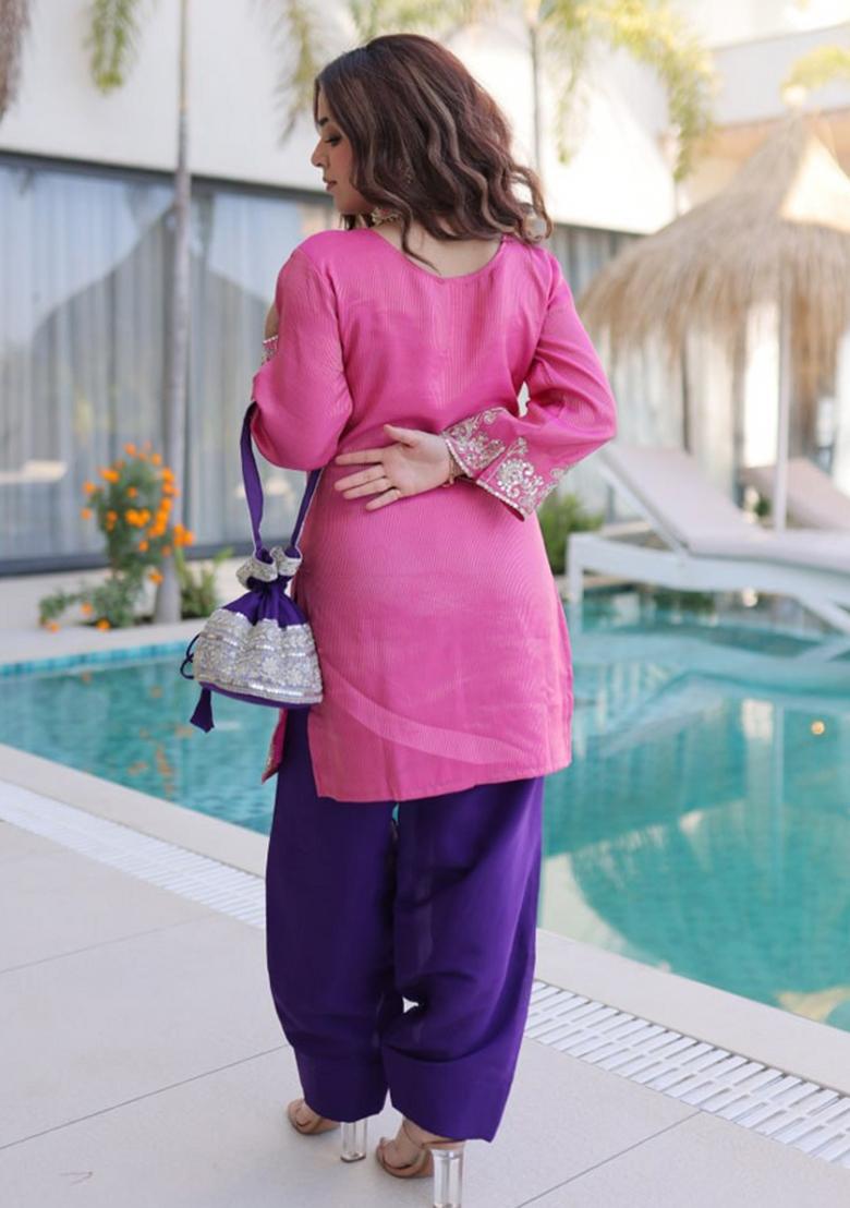 Pink Sequin Work Viscose Kurta Set - Indya