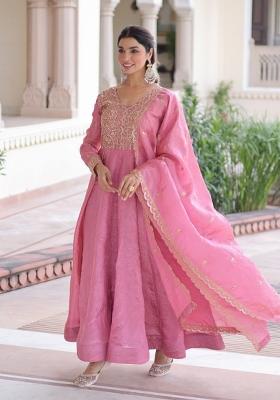 Pink Sequin Work Silk Gown With Dupatta