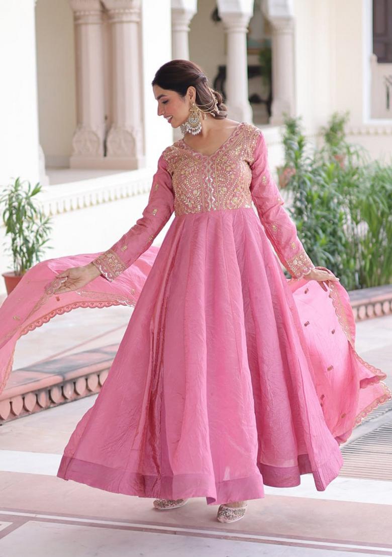 Pink Sequin Work Silk Gown With Dupatta - Indya