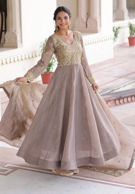 Brown Sequin Work Silk Gown With Dupatta