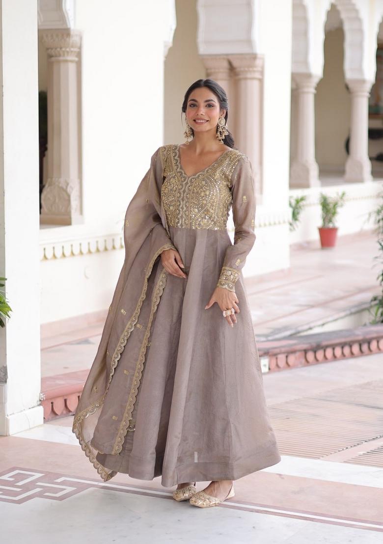 Brown Sequin Work Silk Gown With Dupatta - Indya