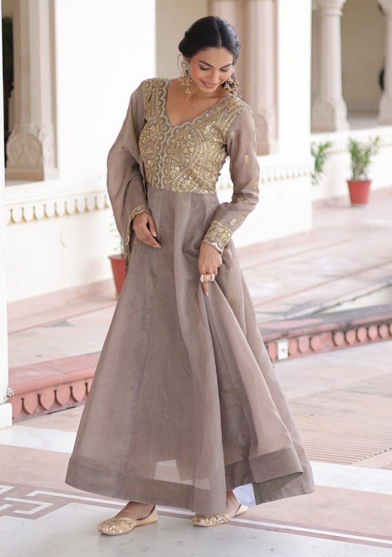 Brown Sequin Work Silk Gown With Dupatta - Indya