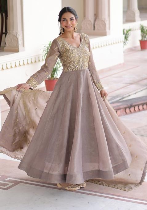 Brown Sequin Work Silk Gown With Dupatta