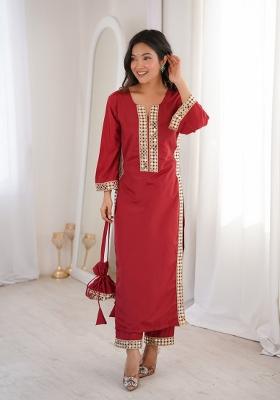 Maroon Mirror Work Crepe Kurta Set