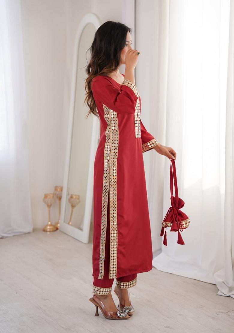 Maroon Mirror Work Crepe Kurta Set - Indya