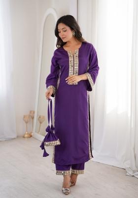 Purple Mirror Work Crepe Kurta Set