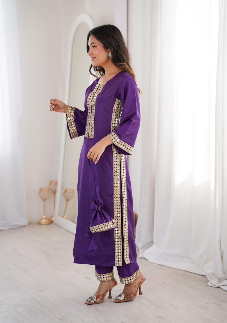 Purple Mirror Work Crepe Kurta Set - Indya