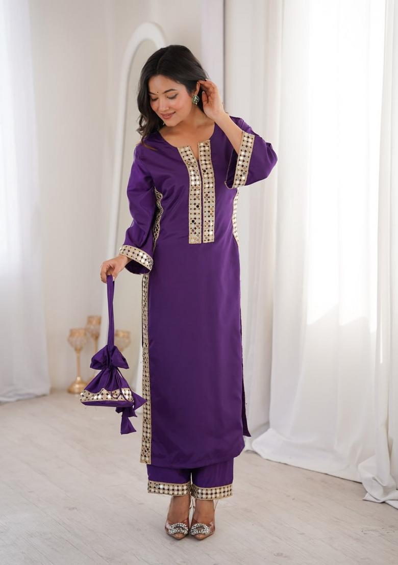 Purple Mirror Work Crepe Kurta Set - Indya