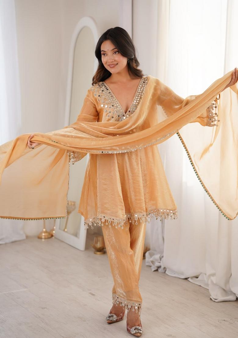 Beige Mirror Work Silk Kurta Set - Indya