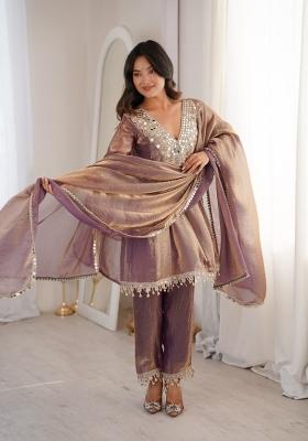 Purple Mirror Work Silk Kurta Set