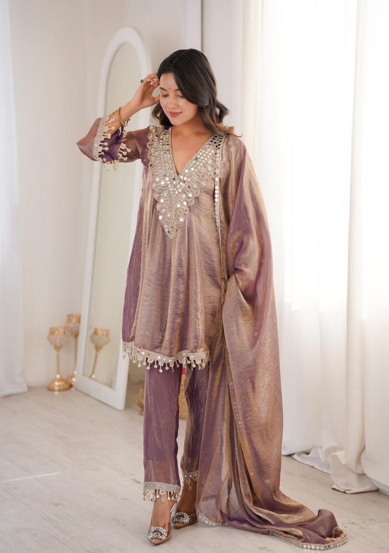 Purple Mirror Work Silk Kurta Set - Indya