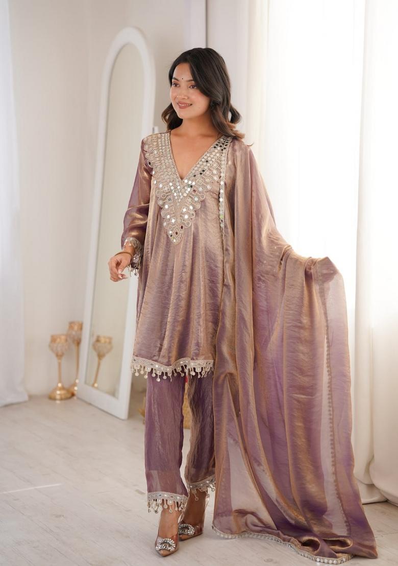Purple Mirror Work Silk Kurta Set - Indya